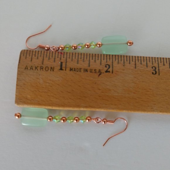 Green Dangle Earrings With Copper Plated Fishhook Wires Handmade 2.5 Inches - Picture 14 of 16